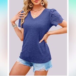NEW Flirty Blue Ruffle Puff Sleeve V-neck Shirt Short Sleeve Plus Size 2X Cute!